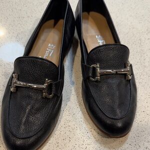 Black Leather Ferragamo Loafers with Silver Buckle
